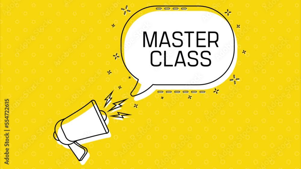 Poster master class. megaphone and yellow speech bubble with quote. blog management. concept poster for soc