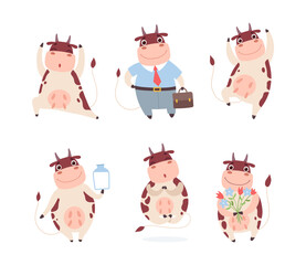 Lovely Cow Character with Horns and Udder Engaged in Different Activity Vector Set