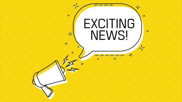 Exciting news. Megaphone and yellow speech bubble with quote. Blog management. Concept poster for social networks, advertising, banner. Flat design. 4K animation