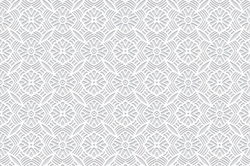 Embossed white background with handmade elements, ethnic cover design. Press paper, boho style. Geometric original 3d pattern. Tribal themes of the East, Asia, India, Mexico, Aztecs, Peru.
