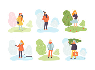 Season Scene with Man and Woman Character Enjoying Autumn, Winter and Summer Vector Set