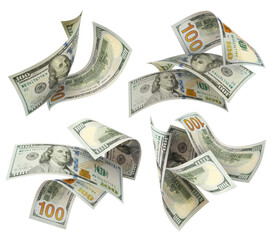 Collection of flying hundred dollar banknotes, isolated on white background
