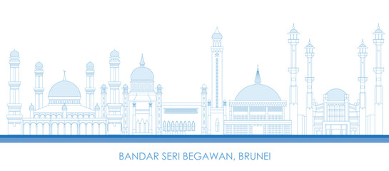 Outline Skyline panorama of city of Bandar Seri Begawan, Brunei - vector illustration - obrazy, fototapety, plakaty