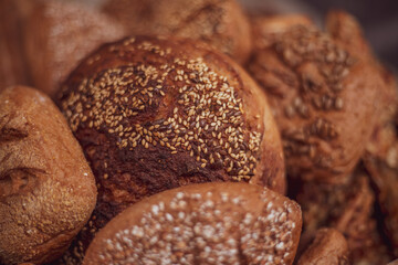 Mixed fresh bread and buns closeup. gluten-free pastries.