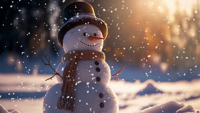 Snowman standing in the snow and snowfall
