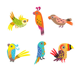 Obraz na płótnie Canvas Tropical Colorful Parrot with Bright Feathers and Beak Vector Set