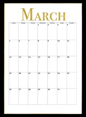 2023 monthly calendar for agenda, study notebook and organization bullet journal, black and gold colors
