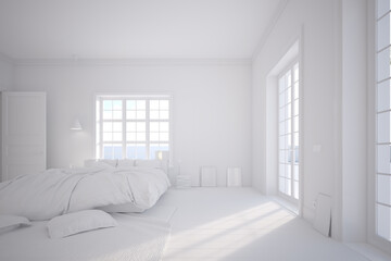 Large bedroom plenty of space and light coming in from two door windows, very large and comfortable bed, plank flooring and soft carpet. Airy and bright space concept.  Clay style rendering  

