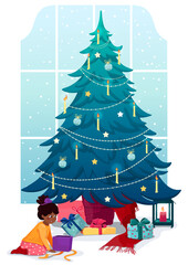 New Year card. A girl opens a Christmas present sitting under the tree. Vector colorful illustration for the holiday.