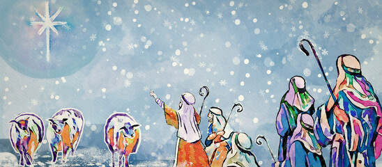Nativity scene with Star of Bethleem and shepherds. Watercolor greeting card