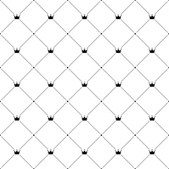 Crown seamless pattern. Repeating royal texture. Black color lattice on white background. Repeated wallpaper for design prints. Cute abstract backdrop. Repeat crown, dot and line. Vector illustration