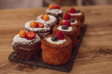 gluten-free cakes decorated with berries. healthy food concept.
