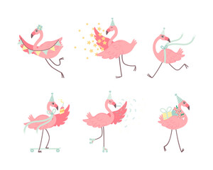 Cute Pink Flamingo in Birthday Party Hat with Gift Box and Garland Vector Set