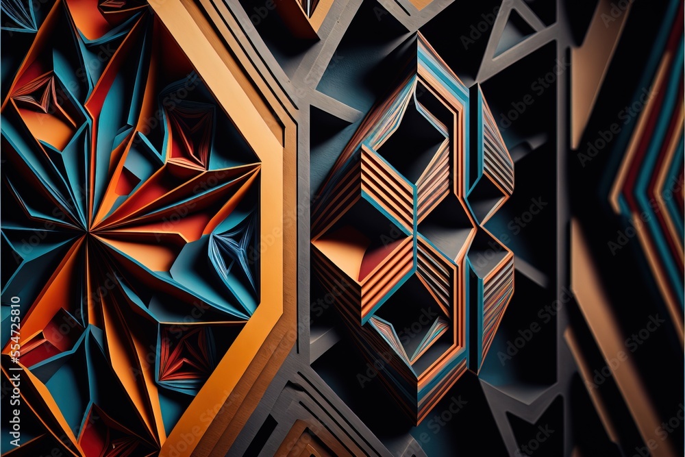 Poster a series of abstract images with a black background and a yellow background with a blue and orange d