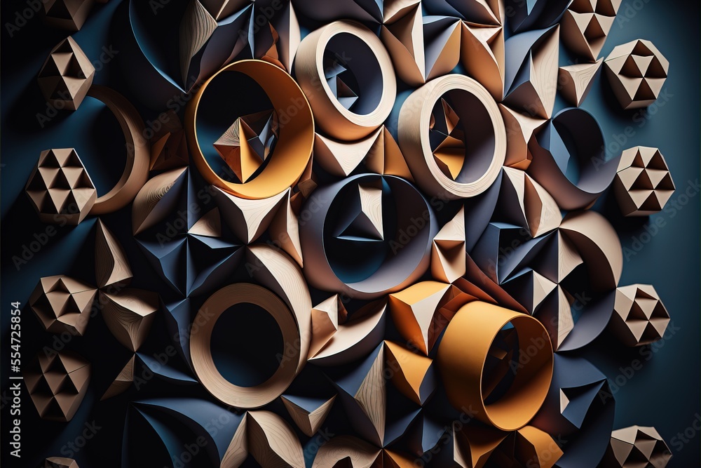 Poster a very large group of different shapes and sizes of objects on a wall with a blue background and a b
