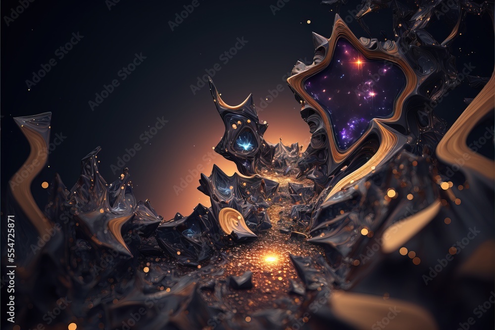 Poster a computer generated image of a star cluster in space with a bright light shining through the center