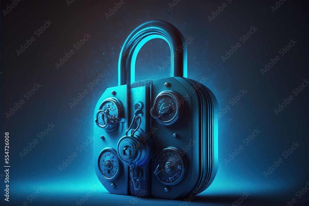 Poster a blue lock with two clocks on it's sides and a keyhole on the front of it. generative ai