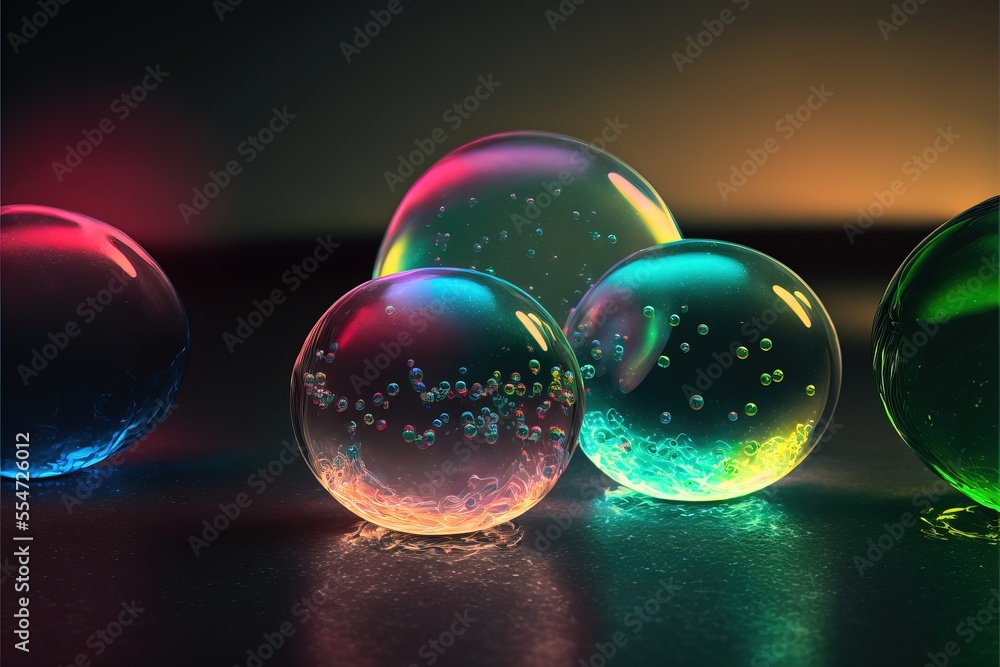 Aufkleber a group of soap bubbles sitting on top of a table next to each other on a table top with a black bac