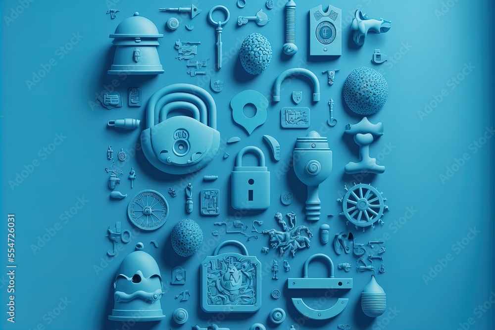 Poster a blue background with various objects and a lock on it's side. generative ai