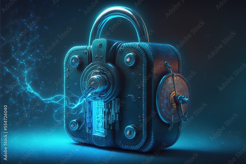 Poster a blue suitcase with a lock on it and a key in the handle and a circuit board attached to it. genera