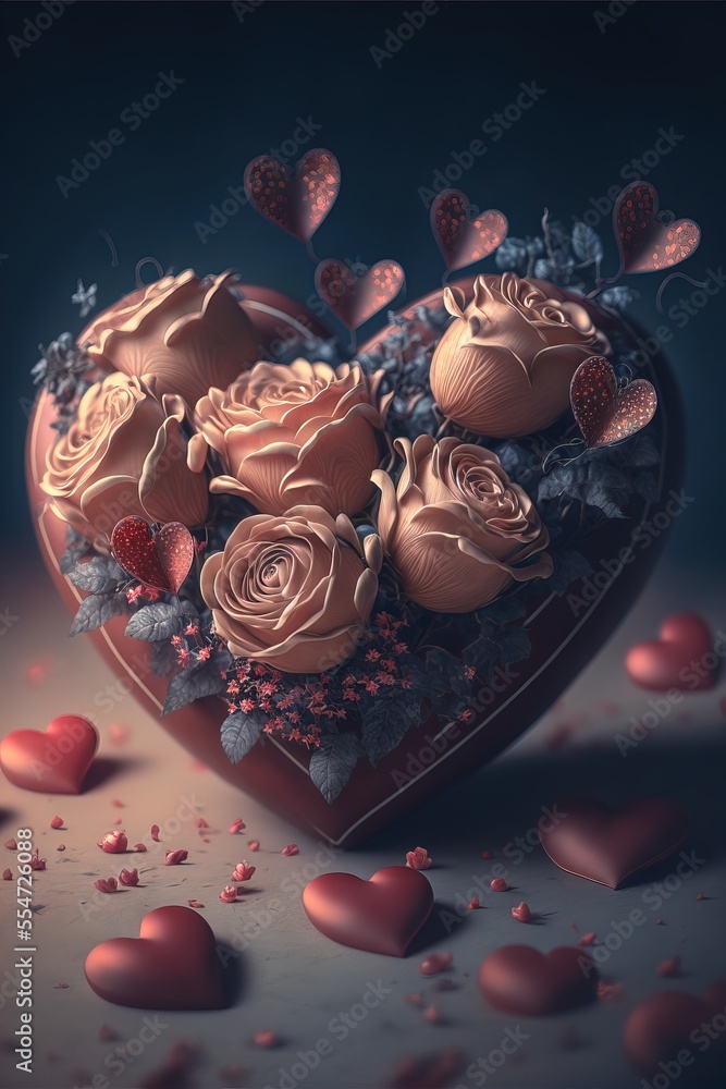 Poster a heart shaped box filled with chocolates and roses on a table with hearts scattered around it and s