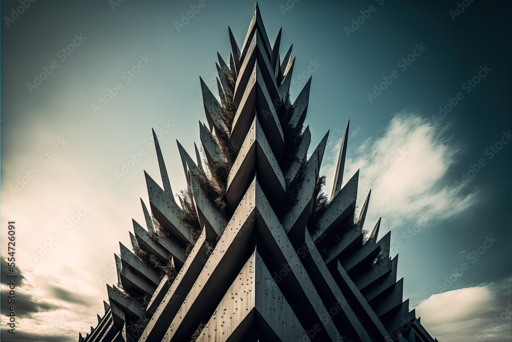 Poster a very tall building with a very large triangle on top of it's side and a sky background. generative