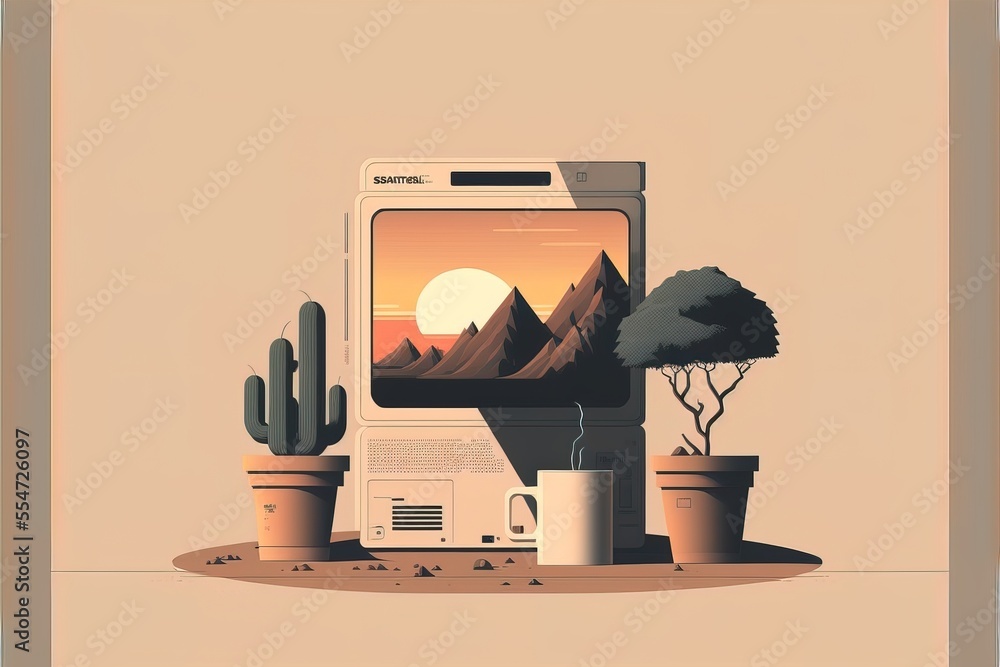 Poster a computer monitor sitting on top of a table next to potted plants and cacti in front of it. generat