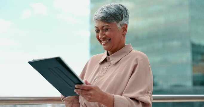 Senior, woman reading manuscript and editor in publishing company, city skyline with funny literature and working. Books business, publisher and career with executive, comedy and professional outdoor