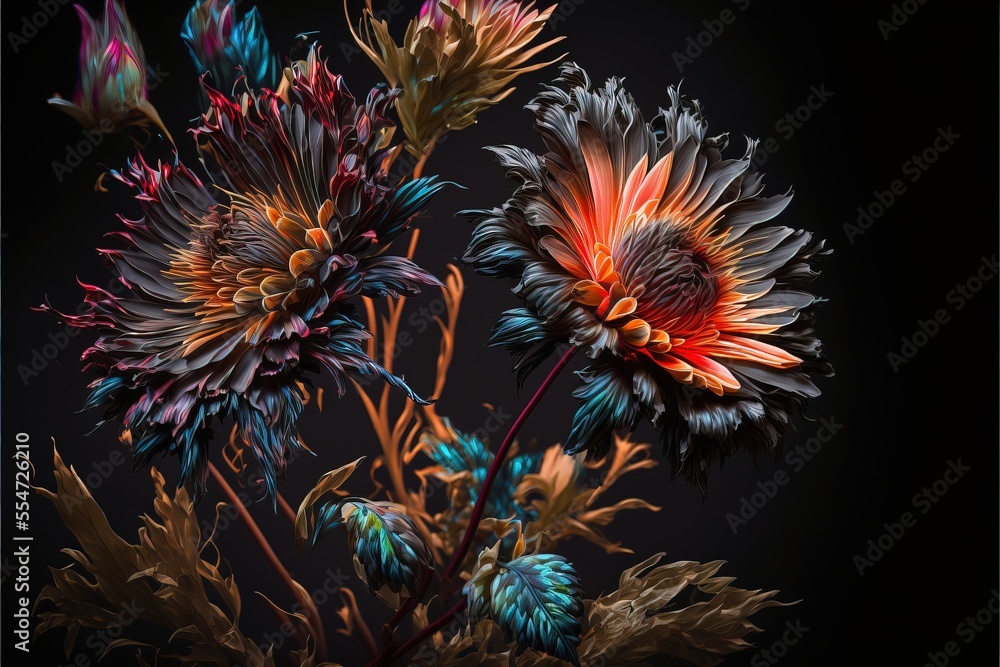 Poster a bunch of flowers that are on a black background with a black background behind them and a black ba