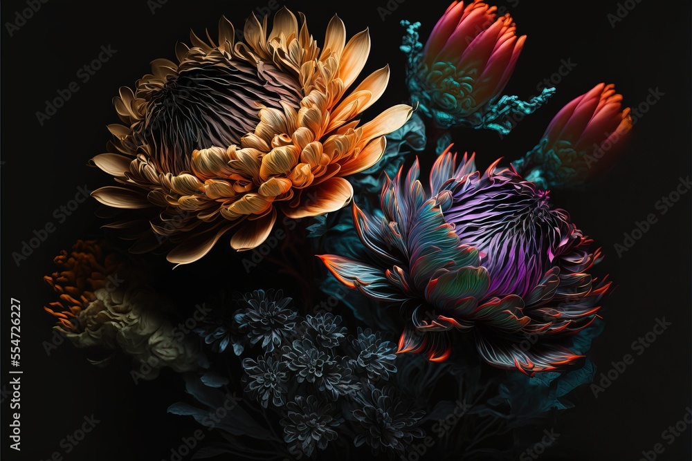 Poster a bunch of flowers that are in a vase on a table with a black background and a reflection of them. g