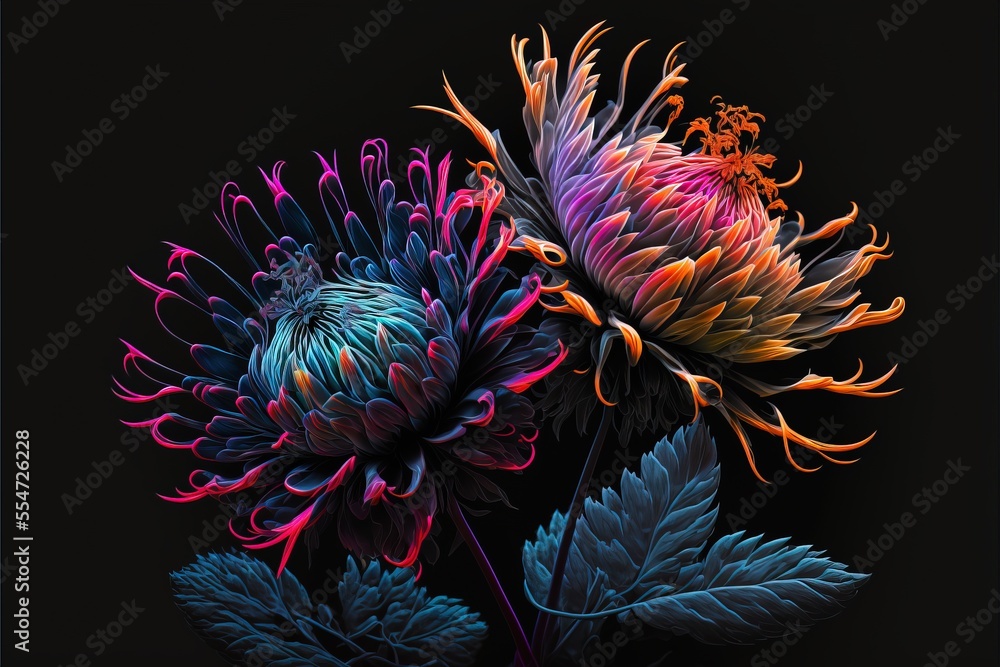 Poster a close up of a flower with a black background behind it and a black background behind it with a bla