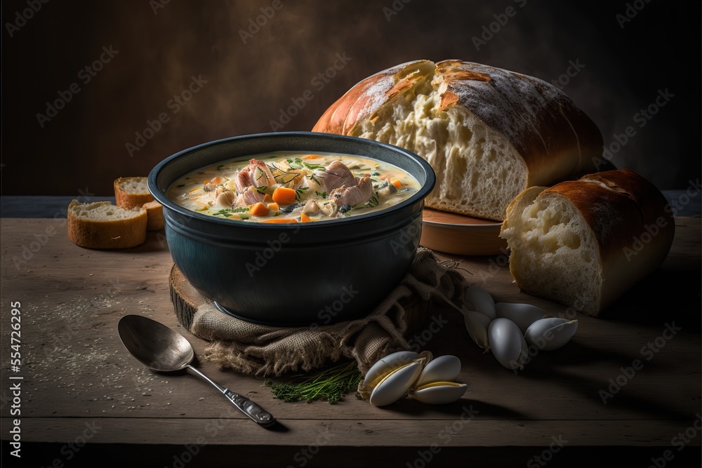 Poster a bowl of soup with bread and spoons on a table next to it and a loaf of bread. generative ai