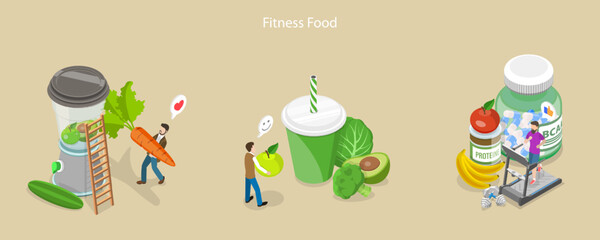 3D Isometric Flat Vector Conceptual Illustration of Fitness Nutrition, Healthy Eating