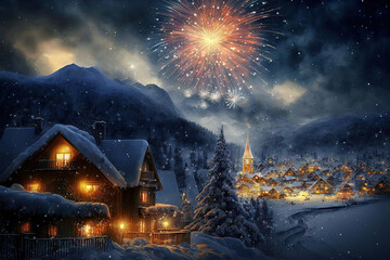 Fototapeta premium Fireworks in the sky above Christmas village. Winter Landscape. Generative AI