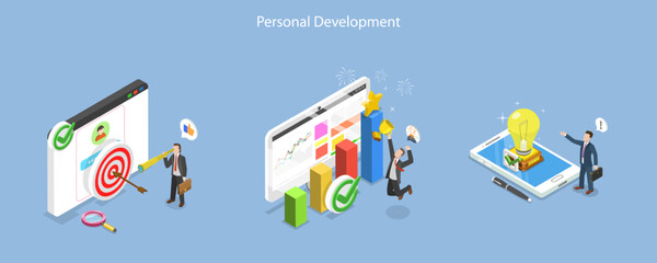 3D Isometric Flat Vector Conceptual Illustration of Personal Development, Completing Task and Reaching Goal