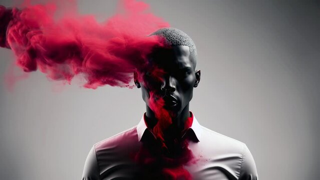 Black store mannequin covered in red smoke
