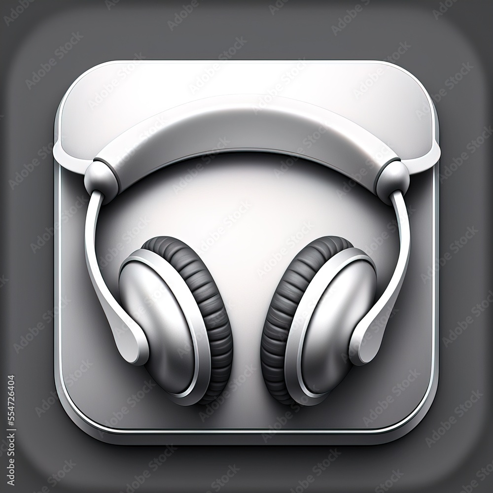 Poster a square icon with headphones on it's side and a gray background with a white square button. generat
