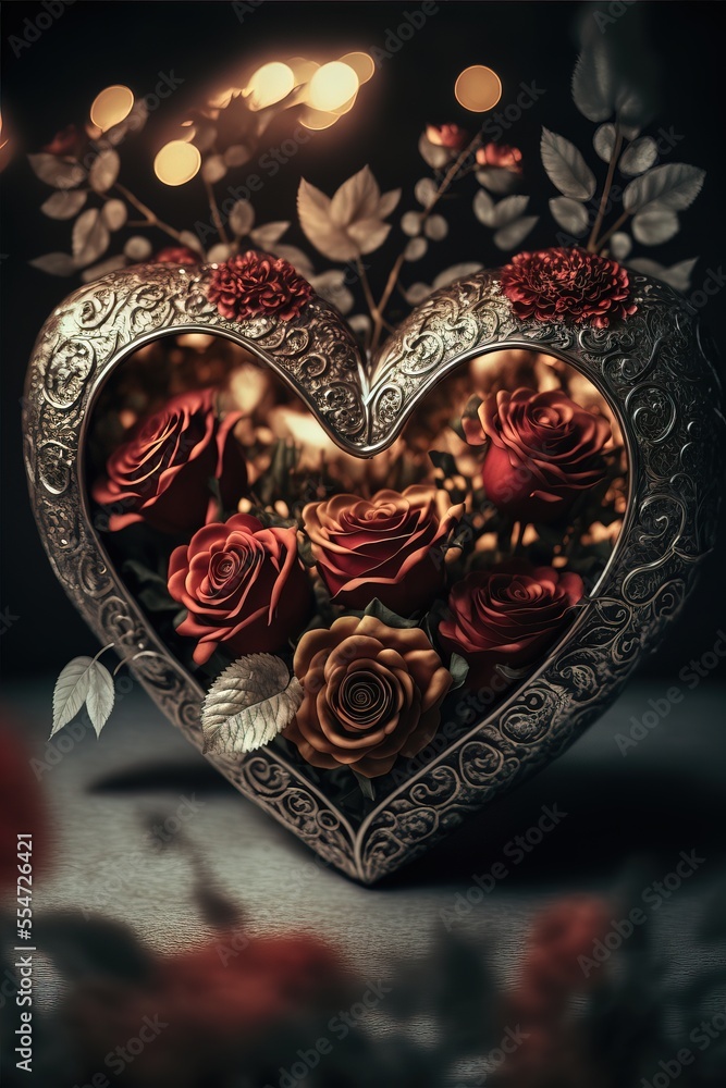 Poster a heart shaped box with roses in it on a table with lights in the background and a candle in the mid