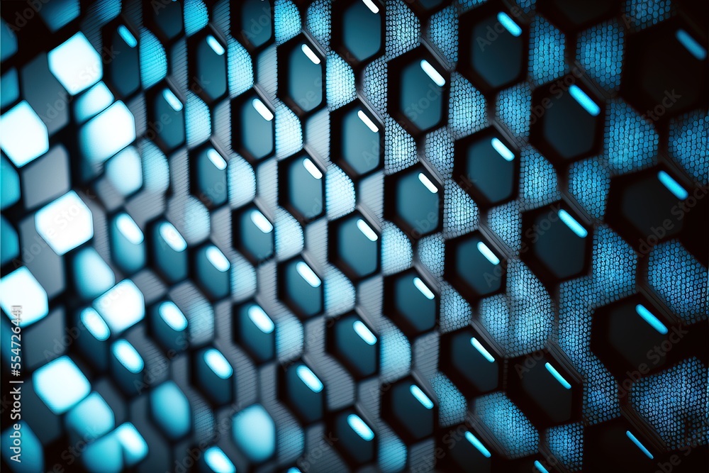 Poster a blue and black background with hexagonal shapes on it's sides and a light blue glow on the top of 