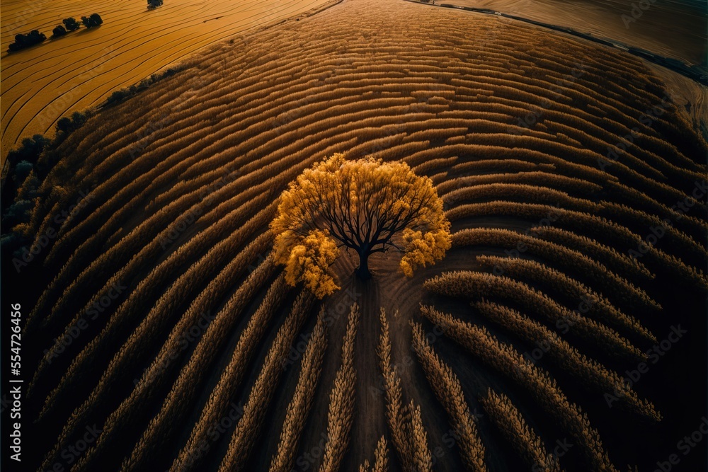 Poster a tree in a field with a sky background and a yellow tree in the middle of the field with a yellow t
