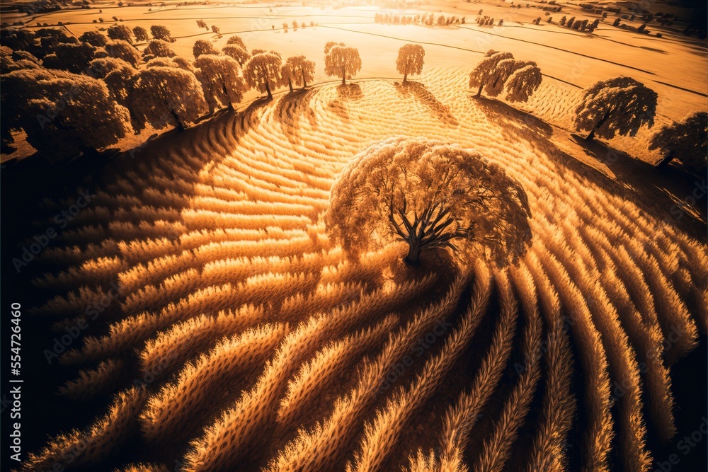 Poster a group of trees in a field with a sunset in the background and a sun setting in the middle. generat
