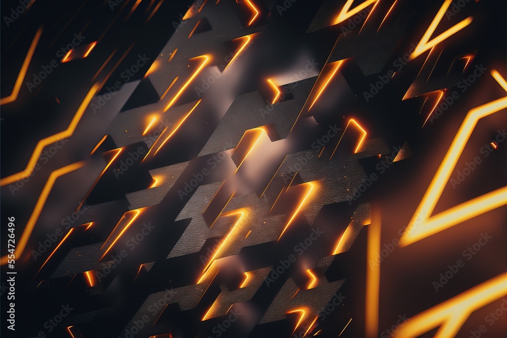 Poster a very large array of orange and black shapes with a black background that is very blurry and blurry