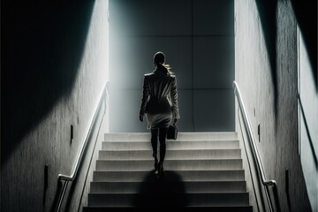 Back view of strong independent business woman walking up stairs. Concept of success and solution.