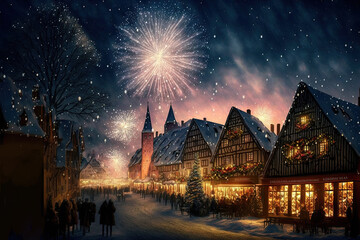 Fototapeta na wymiar Christmas village with festive. Fireworks in the night's sky. Winter Landscape. Generative AI