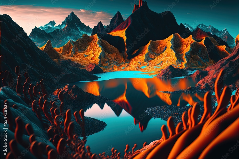 Poster a painting of a mountain range with a lake in the foreground and a mountain range in the background.