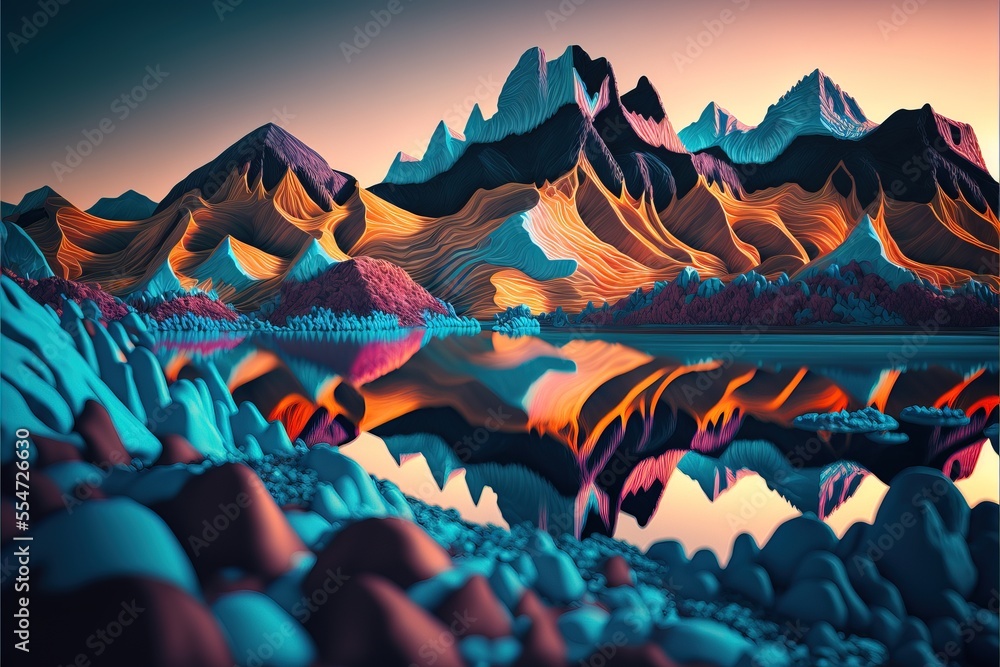Poster a painting of a mountain range with a lake in the foreground and a sunset in the background with a r