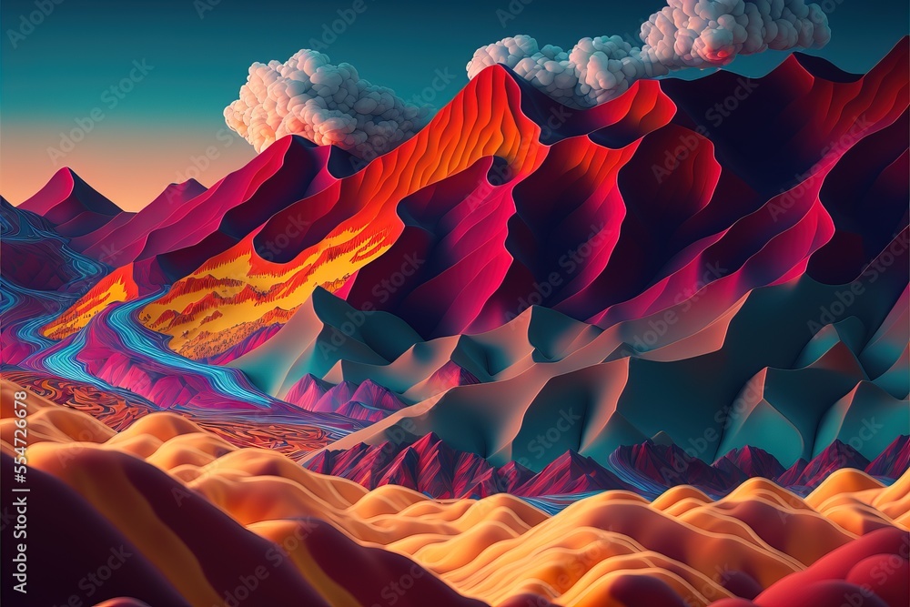 Poster a painting of a mountain range with a sky background and clouds above it. generative ai