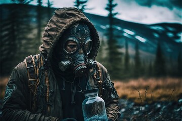 Crazy scientist with gas mask in the Norwegian wilderness
