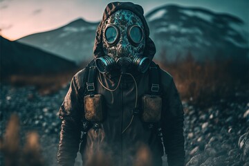 Crazy scientist with gas mask in the Norwegian wilderness