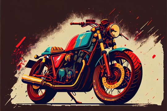  a painting of a motorcycle on a brown background with a splash of paint on the frame and the frame. Generative AI